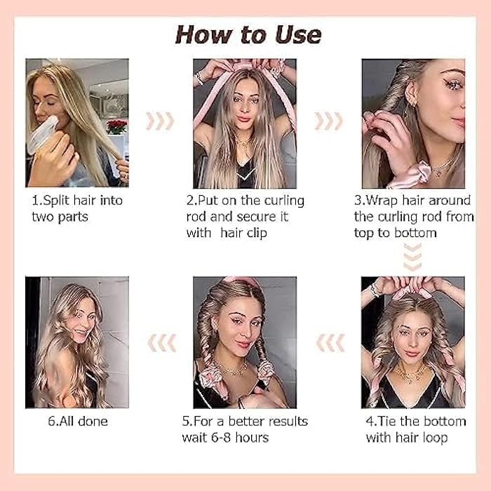 Premify Pink Heatless Hair Curlers for Medium & Long Hair - Hair Curler, Heat Silk Curls Headband, Scrunchies and Hair Clip - Curling Rod, Hair Roller Ribbon for DIY, Hair Styling Tools Heatless - Image 4